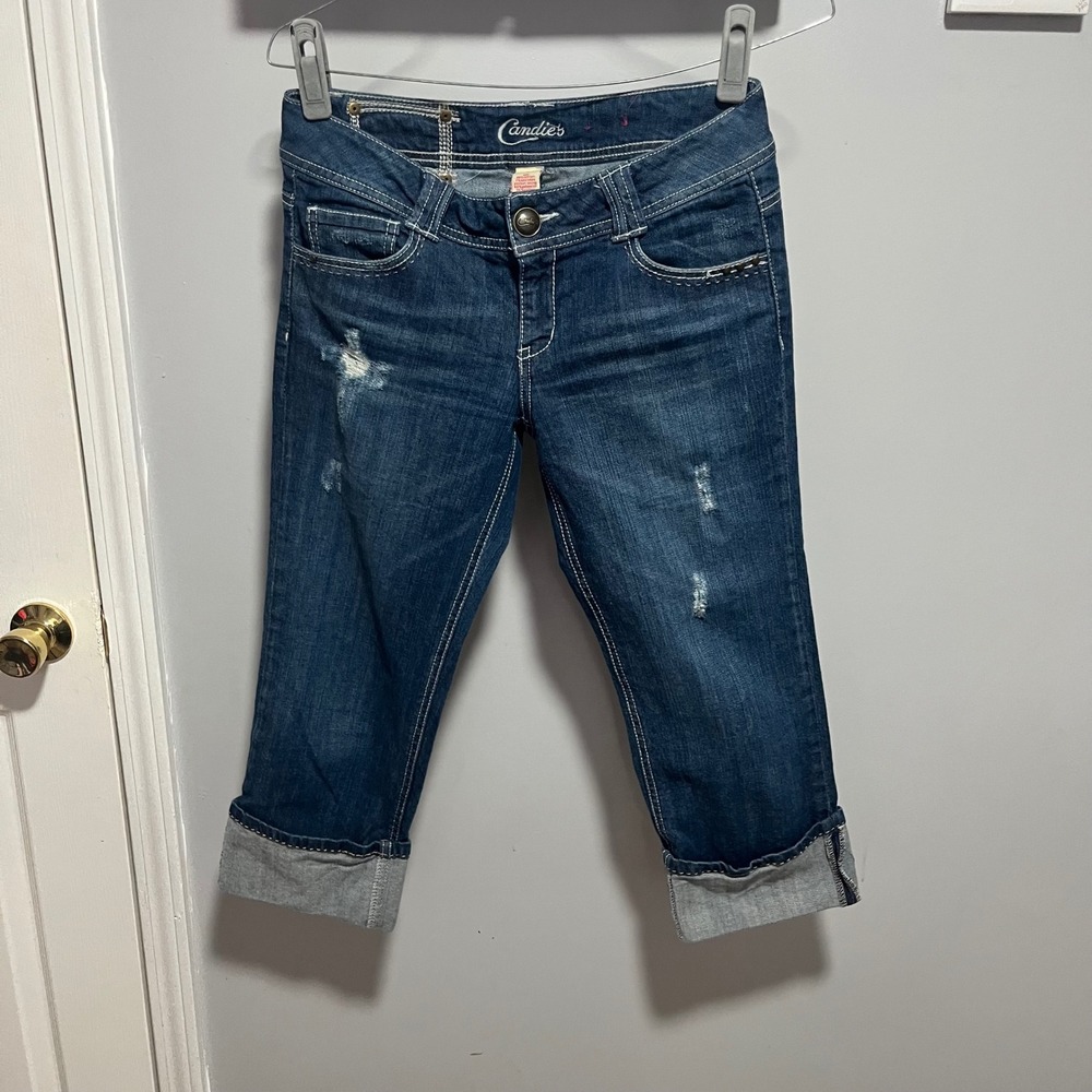 Y2K Candies Womens Distressed Low Rise Capri Cuffed Studded Size 7 Retro 2000s